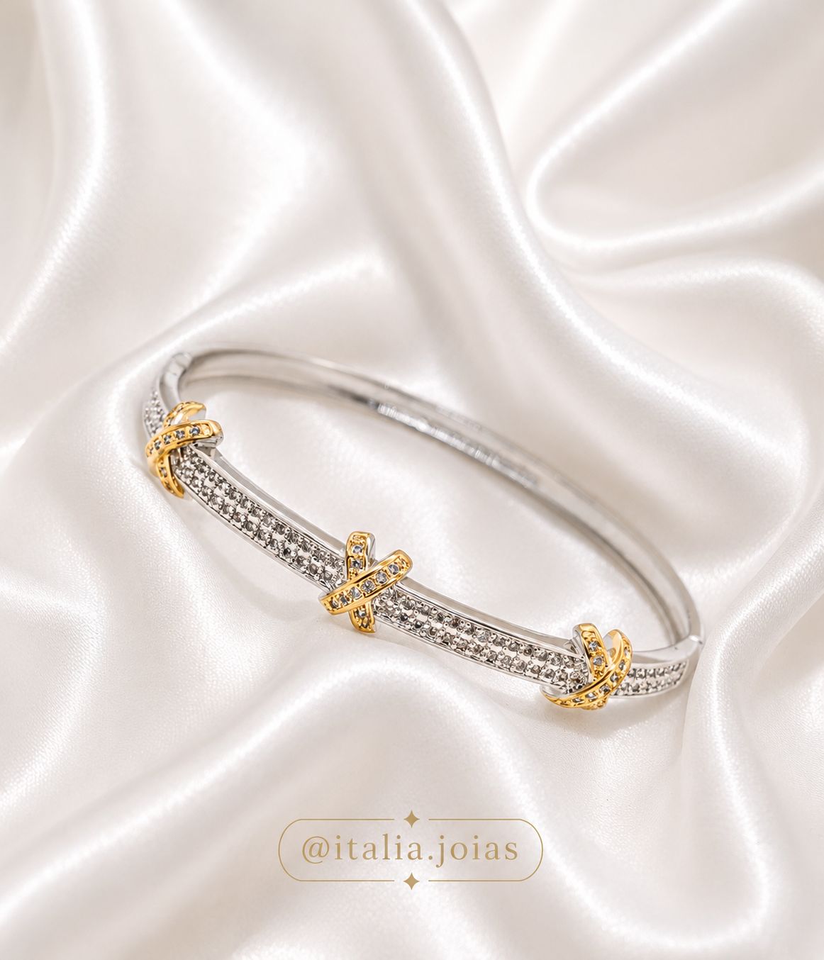 Pulseira aro bicolor com banho de ródio ouro e zircônias